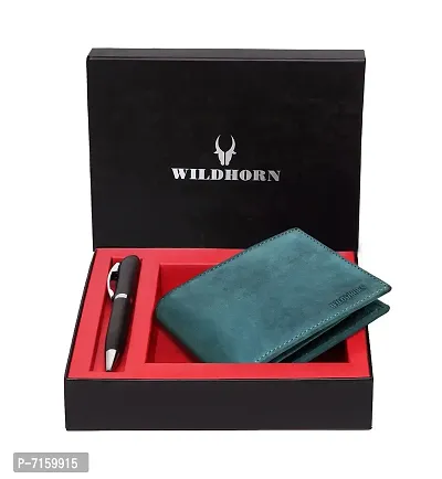 WILDHORN  Men's RFID Protected Genuine Leather Wallet and Pen Combo (Blue HUNTER80)