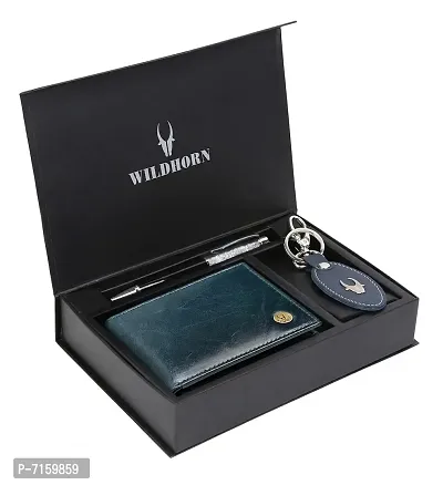 WildHorn Blue Leather Men's Wallet , Keychain and Pen Combo Set (GIFTBOXMIX)