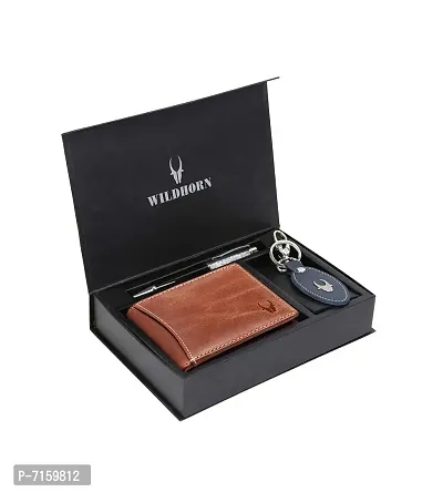 WildHorn Tan Leather Men's Wallet , Keychain and Pen Combo Set (GIFTBOXMIX)