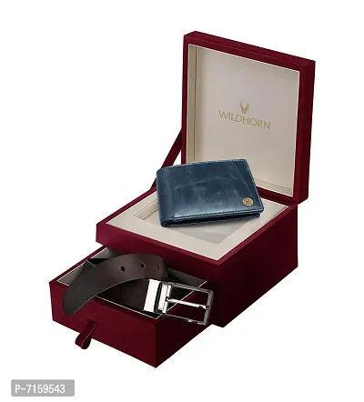WILDHORN Men's Classic Leather Wallet and Belt Combo | Blue