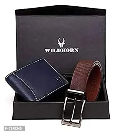 Navy Blue Leather Wallet and Belt Combo for Men (Navy Blue)