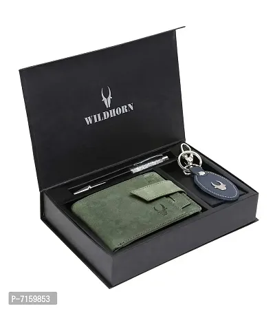 WildHorn Green Leather Men's Wallet , Keychain and Pen Combo Set (GIFTBOXMIX)
