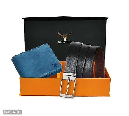 Men Leather Combo of Black Belt and Black Wallet for Men (Blue  Black)-thumb0