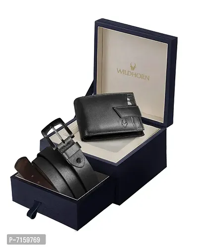 WILDHORN Leather Belt Wallet Combo for Men | Leather Gift Hamper I Gifts for Men (Free Size, Black)