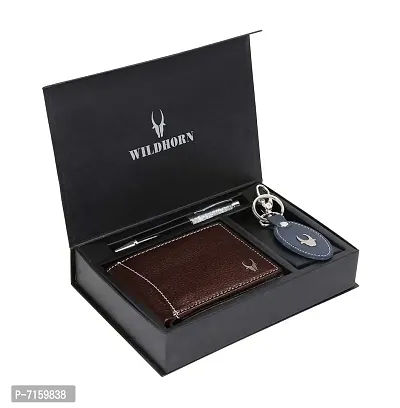 WildHorn Brown Leather Men's Wallet , Keychain and Pen Combo Set (GIFTBOXMIX)