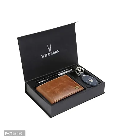 WildHorn Tan Leather Men's Wallet , Keychain and Pen Combo Set (GIFTBOXMIX)