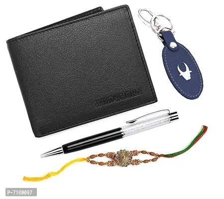 WildHorn Rakhi Gift Hamper for Brother - Classic Mens Combo/Gift Set of Leather Wallet, Keyring, Pen and Rakhi for Brother/Bhaiya. (Black PD)