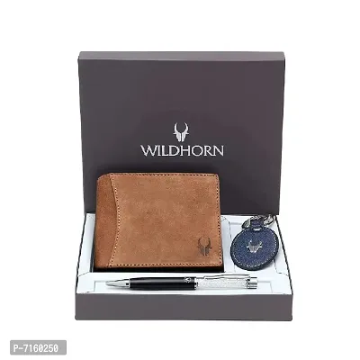 WildHorn Tan Leather Men's Wallet , Keychain and Pen Combo Set (GIFTBOX 152)