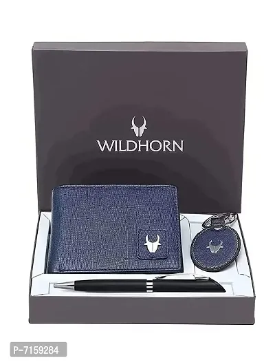 WILDHORN Blue Leather Wallet ,Keychain Pen Combo for Men I Gift Hamper I Gift for Friend, Boyfriend ,Husband ,Father-thumb0