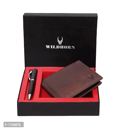 WILDHORN  RFID Protected Brown Genuine Leather Men's Wallet and Pen Combo-thumb0