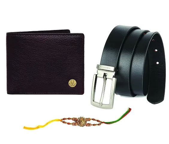 WildHorn Rakhi Gift Set for Brother - Premium Men's Combo | Gift Set of Leather Wallet Belt Rakhi with an Unique Slider Gift Box for Brother. (TAN Crunch)