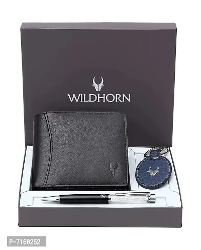 WildHorn Black Leather Men's Wallet , Keychain and Pen Combo Set (GIFTBOX 152)-thumb0