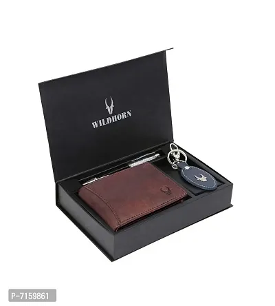 WildHorn Brown Leather Men's Wallet , Keychain and Pen Combo Set (GIFTBOXMIX)
