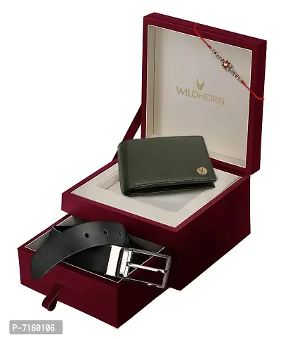 WildHorn Rakhi Gift Set for Brother - Premium Men's Combo | Gift Set of Leather Wallet  Belt  Rakhi with an Unique Slider Gift Box for Brother. (Green)-thumb2