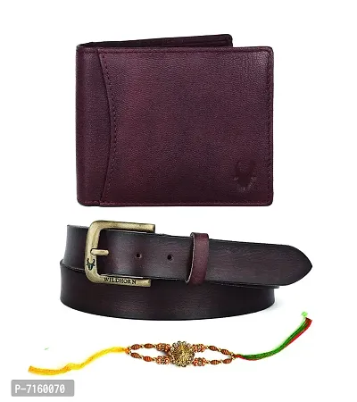 WildHorn Rakhi Gift Set for Brother - Premium Men's Combo | Gift Set of Leather Wallet  Belt  Rakhi for Brother (MAROON001)