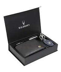 WILDHORN  Men's RFID Protected Genuine Leather Wallet Keychain and Pen Combo (Black052)-thumb1