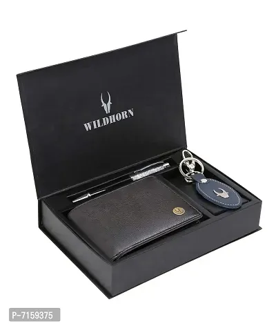 WILDHORN  Men's RFID Protected Genuine Leather Wallet Keychain and Pen Combo (Black052)-thumb2