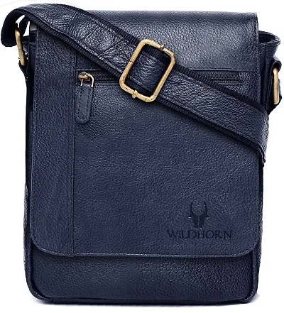 WILDHORN Leather 8.5 inch Sling Messenger Bag for Men I Multipurpose Crossbody Bag I Travel Bag with Adjustable Strap I IDIMENSION: L- 8.5inch H- 10.5inch W- 3inch (NAVY)