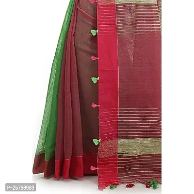 BENGAL HANDLOOM Women's Art Silk Cotton Stripe Saree with Blouse Piece , Green and Red-thumb4