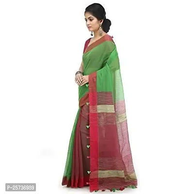 BENGAL HANDLOOM Women's Art Silk Cotton Stripe Saree with Blouse Piece , Green and Red-thumb2