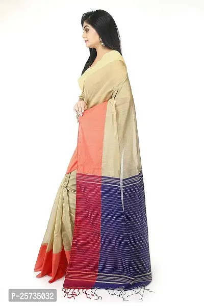 BENGAL HANDLOOM Traditional Handloom Plain SiCo Beige Colour check Ghicha Saree-thumb2