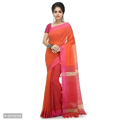 BENGAL HANDLOOM Women's Art Silk Cotton Stripe Saree with Blouse Piece , Orange and Pink-thumb0