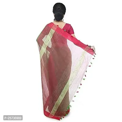 BENGAL HANDLOOM Women's Art Silk Cotton Stripe Saree with Blouse Piece , Green and Red-thumb3