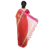 BENGAL HANDLOOM Women's Art Silk Cotton Stripe Saree with Blouse Piece , Orange and Pink-thumb2