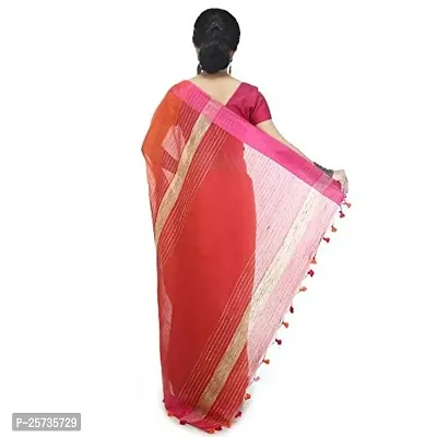 BENGAL HANDLOOM Women's Art Silk Cotton Stripe Saree with Blouse Piece , Orange and Pink-thumb3