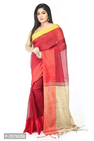 BENGAL HANDLOOM Traditional Handloom Plain SiCoDeep Red- Beige Colour check Ghicha Saree With Blouse Piece-thumb0