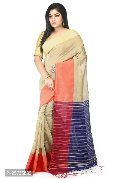 BENGAL HANDLOOM Traditional Handloom Plain SiCo Beige Colour check Ghicha Saree