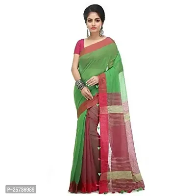 BENGAL HANDLOOM Women's Art Silk Cotton Stripe Saree with Blouse Piece , Green and Red-thumb0