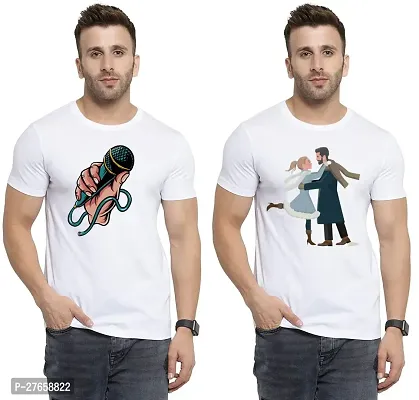 Comfortable White Cotton Printed Round Neck Tees For Men Pack Of 2