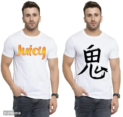 Comfortable White Cotton Printed Round Neck Tees For Men Pack Of 2