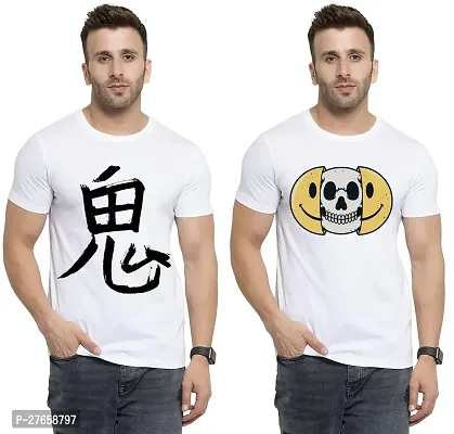 Comfortable White Cotton Printed Round Neck Tees For Men Pack Of 2