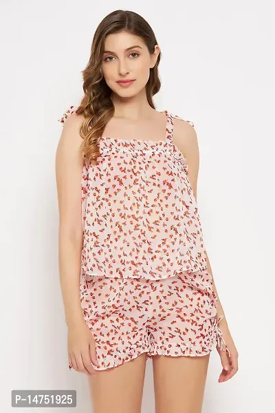 Georgette Peach Floral Regular Camisole With Shorts For Women-thumb0