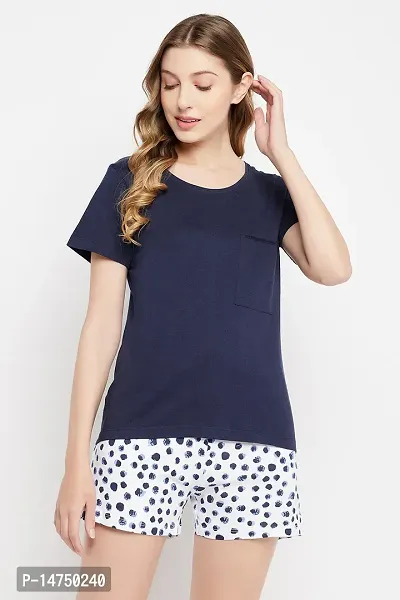 Stylish Cotton Geometric Print Navy Blue Top And Shorts For Women