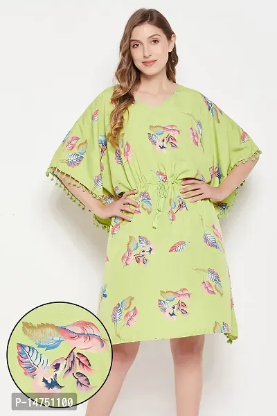 Crepe Green Floral Print Knee Length Short Sleeve V-Neck Kaftan Dress For Women