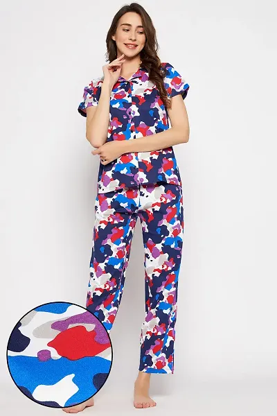 Clovia Cotton Printed Night Suit For Women/Shirt Pajama Set