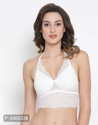 Buy Feel The Ease White Padded Non Wired Halter Neck Longline Lace Bralette  for Women Online in India