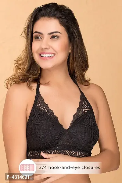Clovia Padded Non-Wired Halter Neck Long line Bralette in Black - Lace