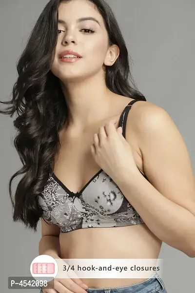Clovia Comfy Grey Floral Printed Non-Wired Padded T-Shirt Bra