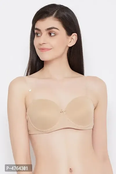 Clovia Padded Underwired Demi Cup Balconette Bra with Transparent Straps and Band in Beige-thumb3