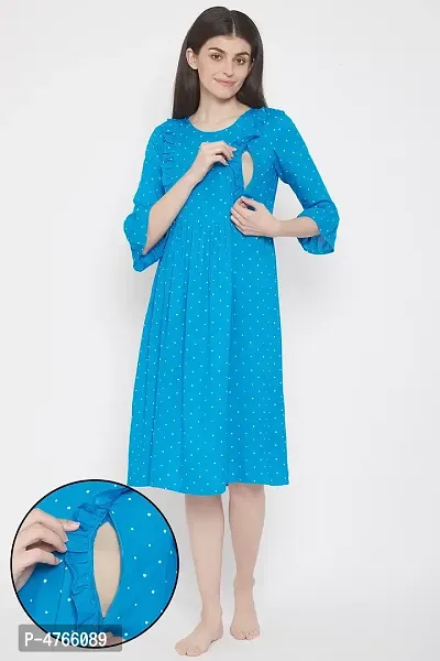 Clovia Feeding Polka Print Short Night Dress in Light Blue- Cotton Rich-thumb0