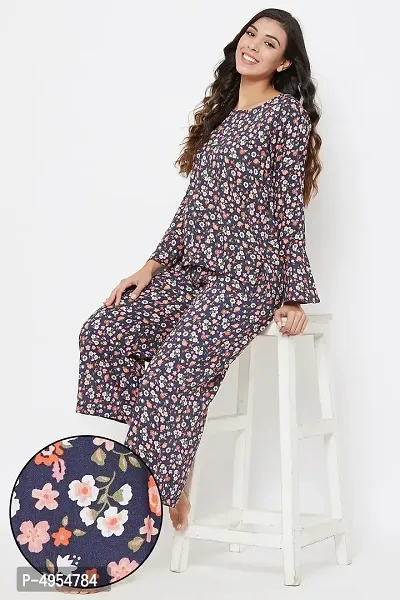 Clovia Pretty Florals Top  Pyjama in Navy - Rayon