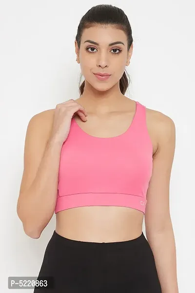 Stylish Pink Polyester Padded Wirefree Medium Impact Racerback Sports Bras For Women-thumb0