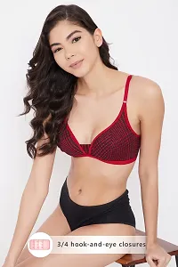 Clovia Non-Padded Non-Wired Demi Cup Checked Plunge Bra in Red - Cotton-thumb1