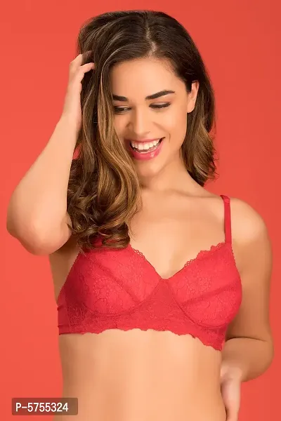 Clovia Lightly Padded Non-Wired Full Coverage Bridal Bra In Red - Lace
