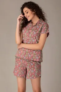 Clovia Cotton Floral Printed Button Shirt  Shorts Set-thumb2
