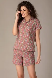 Clovia Cotton Floral Printed Button Shirt  Shorts Set-thumb3